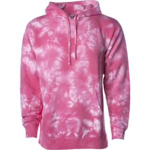 A unisex tie dye pullover hood in vibrant pink and white, featuring a front pocket and a hood.