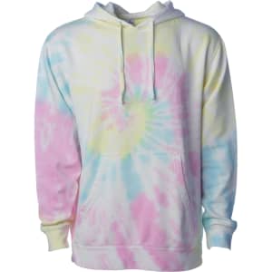 A unisex pullover hood in pastel tie-dye colours, featuring pink, blue, and yellow swirls, with a front pocket and hood.