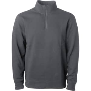 A grey unisex pigment dye quarter zip sweatshirt with long sleeves and a high collar. It has a branding logo.