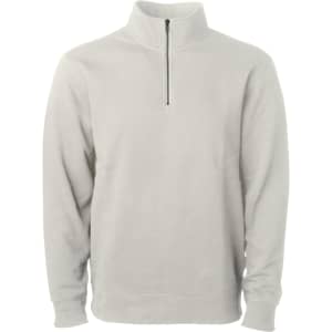 A unisex quarter zip sweatshirt in a light grey pigment dye with a zippered neck and long sleeves.