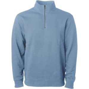 A unisex quarter zip pullover in light blue, featuring a zippered neck and long sleeves, with a logo on the chest.