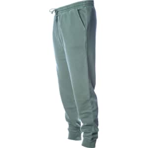 A pair of men's sweatpants in a faded green hue, featuring an elastic waistband and side pockets.