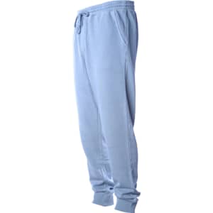 Light blue men's sweatpants with an elastic waistband and cuffs, featuring a side pocket and a logo.
