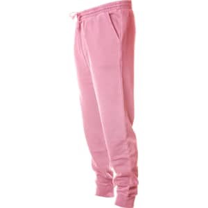 A pair of pink pigment dye sweatpants featuring an elastic waistband and pockets. The design has a logo.