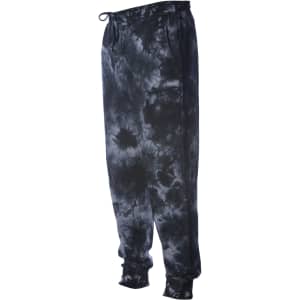 A pair of men's tie-dye sweatpants in black and grey, featuring an elastic waistband and cuffs.