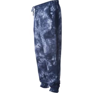 A pair of men's tie-dye sweatpants in shades of navy blue, featuring an elastic waistband with a drawstring and tapered cuffs.