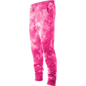 A pair of pink tie dye sweatpants featuring an elastic waistband and side pockets.