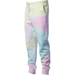 A pair of men's tie-dye sweatpants featuring pastel yellow, pink, and blue colours with an elastic waistband and pockets.