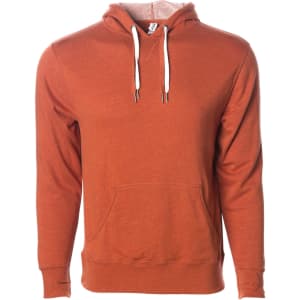 A unisex heather pullover in a vibrant rust colour with a front pocket and a hood. It features a logo.