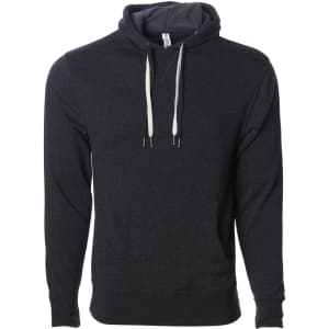 A unisex heather pullover in dark grey with a hood and drawstrings. The garment features a logo.