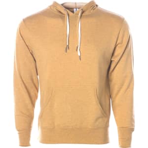 A unisex heather pullover in a warm golden hue, featuring a drawstring hood and a front pocket.
