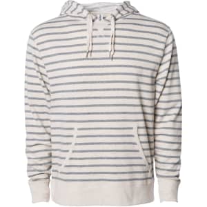 A unisex pullover in cream and grey stripes, featuring a hood and front pouch pocket. It has branding on the label.