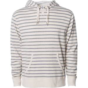 A unisex heather pullover featuring a striped pattern in beige and grey with a front pocket and hood.