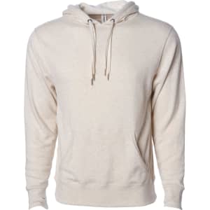 A unisex pullover hoodie in a light beige heathered fabric, featuring a front pocket and drawstring hood.
