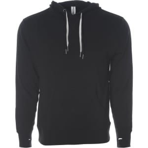 A black unisex pullover hoodie featuring a front pocket and drawstring hood, with a logo on the label.