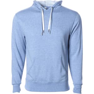 A unisex heather pullover in light blue, featuring a hood, drawstrings, and a front pocket.