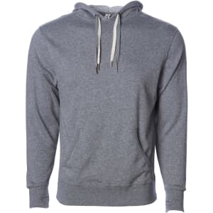 A unisex heather grey pullover hoodie with a front pocket and drawstring hood, featuring a logo.