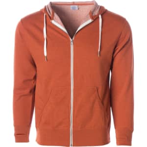 A unisex fitted zip hoodie in a warm rust colour, featuring a hood, front pockets, and a contrasting inner lining.