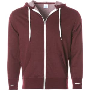 A unisex heather fitted zip hoodie in maroon with a grey hood and drawstrings, featuring a front zipper and pockets.