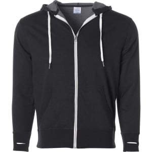 A unisex fitted zip hoodie in black, featuring a grey interior hood and drawstrings, with a front pocket and branding.