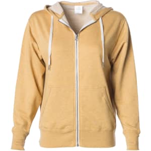A unisex fitted zip hoodie in a light golden yellow colour with a grey-lined hood and two front pockets.