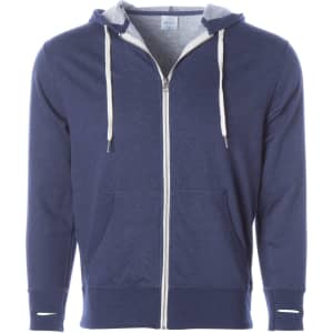 A navy blue fitted zip hoodie with a grey hood and drawstrings, featuring front pockets and a logo.