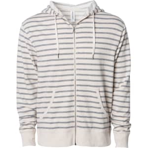 A unisex fitted zip hoodie in cream with grey stripes, featuring a front zip closure and pockets.