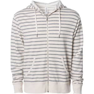 A unisex heather fitted zip hoodie in cream with grey stripes, featuring a hood and front pockets.