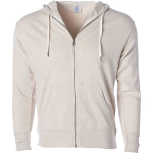 A beige unisex fitted zip hoodie featuring a hood and front pockets, with a logo present.