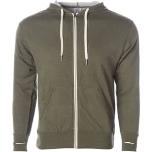 A unisex heather fitted zip hoodie in olive green, featuring a front zip and drawstring hood.