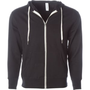 A black unisex fitted zip hoodie with a white zipper and drawstrings, featuring a front pocket and a hood.
