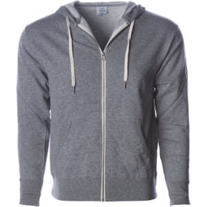 A grey unisex fitted zip hoodie with a hood, featuring a front zip and drawstrings. It has pockets and a logo.