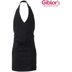 A black apron with a V-neck design, featuring a front pocket and a tie waist. It includes a logo.