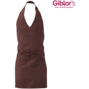 A brown apron featuring a V-neck design and a front pocket, with a waist tie. It has a logo in the upper corner.