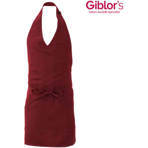 A burgundy apron featuring a halter neck design and pocket, with a logo at the top right corner.