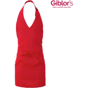 A red apron with a halter neck design and a front pocket, featuring a logo.