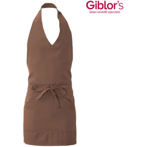 A brown apron with a halter neck design, featuring a front pocket and a tie at the waist. It has a logo.