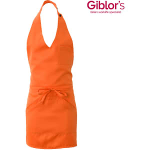 An orange apron with a pocket and ties at the waist, featuring a logo on the top right.