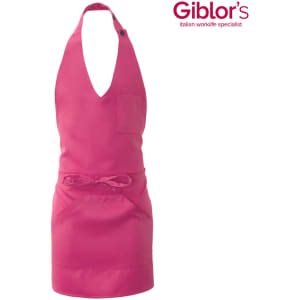 A pink apron with a deep V-neck design, featuring a pocket and a waist tie. It has a logo in the corner.