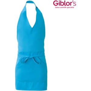 A blue apron with a halter neck design and a front pocket. It features a tie at the waist and has a logo.