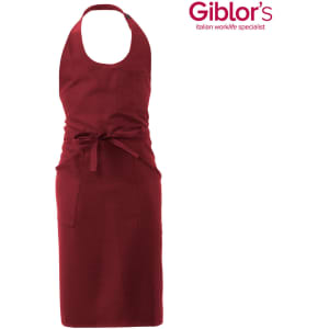 A burgundy apron with a tied waist and pockets, featuring a logo in the top corner.