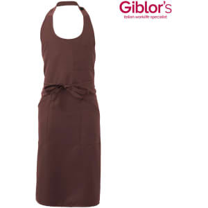 A brown apron with a tie waist and a front pocket. The product features a logo.