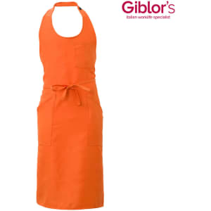 An orange apron featuring a front pocket and a tie at the waist. It has a logo on the top right.
