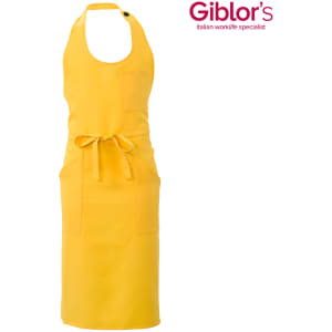 A yellow apron featuring a pocket, adjustable neck strap, and a tied waist. It has a logo on the side.