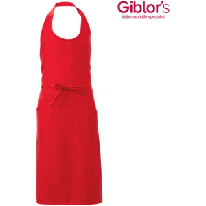 A bright red Capri apron with a neck strap and ties, featuring a front pocket and a logo.