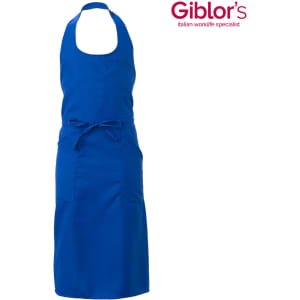 A blue apron with a halter neck design and a tied back, featuring a front pocket and a logo.
