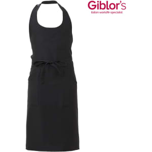 A black Capri apron featuring a tie waist and two front pockets. It has a logo in the top corner.