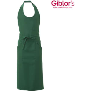 A green apron with a halter neck design and pockets. It features a logo in the corner.