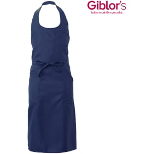 A navy blue Capri apron with a halter neck and a waist tie, featuring a logo in the corner.