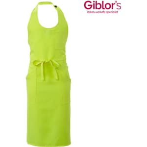 A bright lime green apron featuring an adjustable neck strap, a waist tie, and pockets. It has a logo.